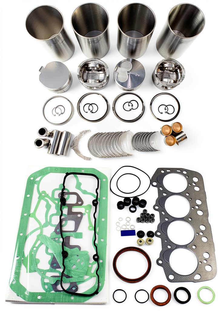 Technician installing HIRINTOL overhaul kit on a forklift engine